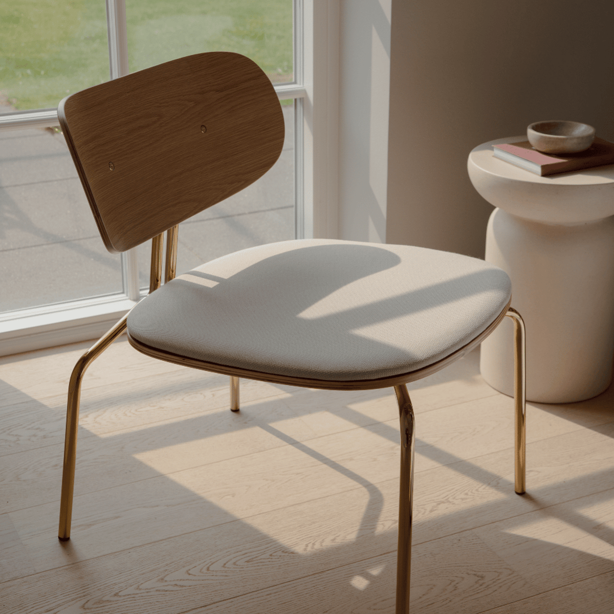 UMAGE Curious loungestol med stel i Plated Brass og hynde i White Sands – miljøbillede