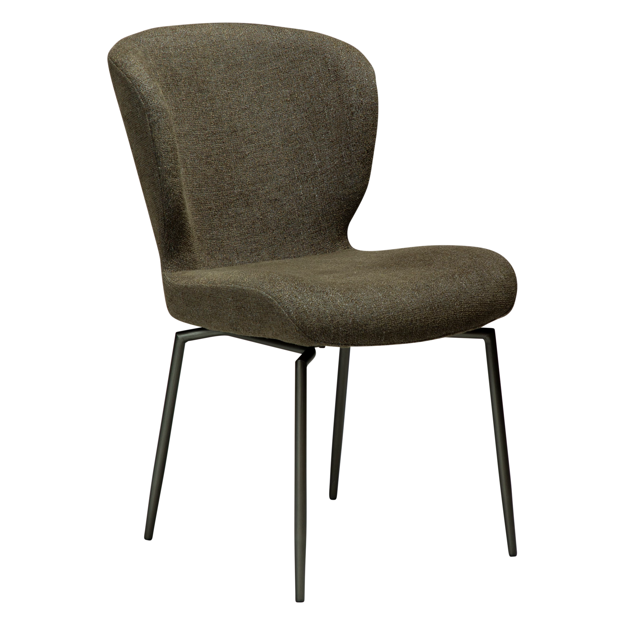 Dan-Form Glory spisebordsstol i Dark Olive bouclé med drejestel i antique pewter