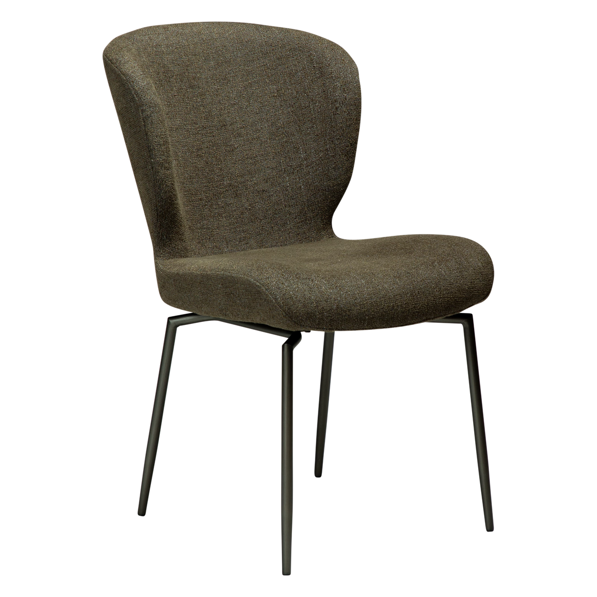 Dan-Form Glory spisebordsstol i Dark Olive bouclé med drejestel i antique pewter