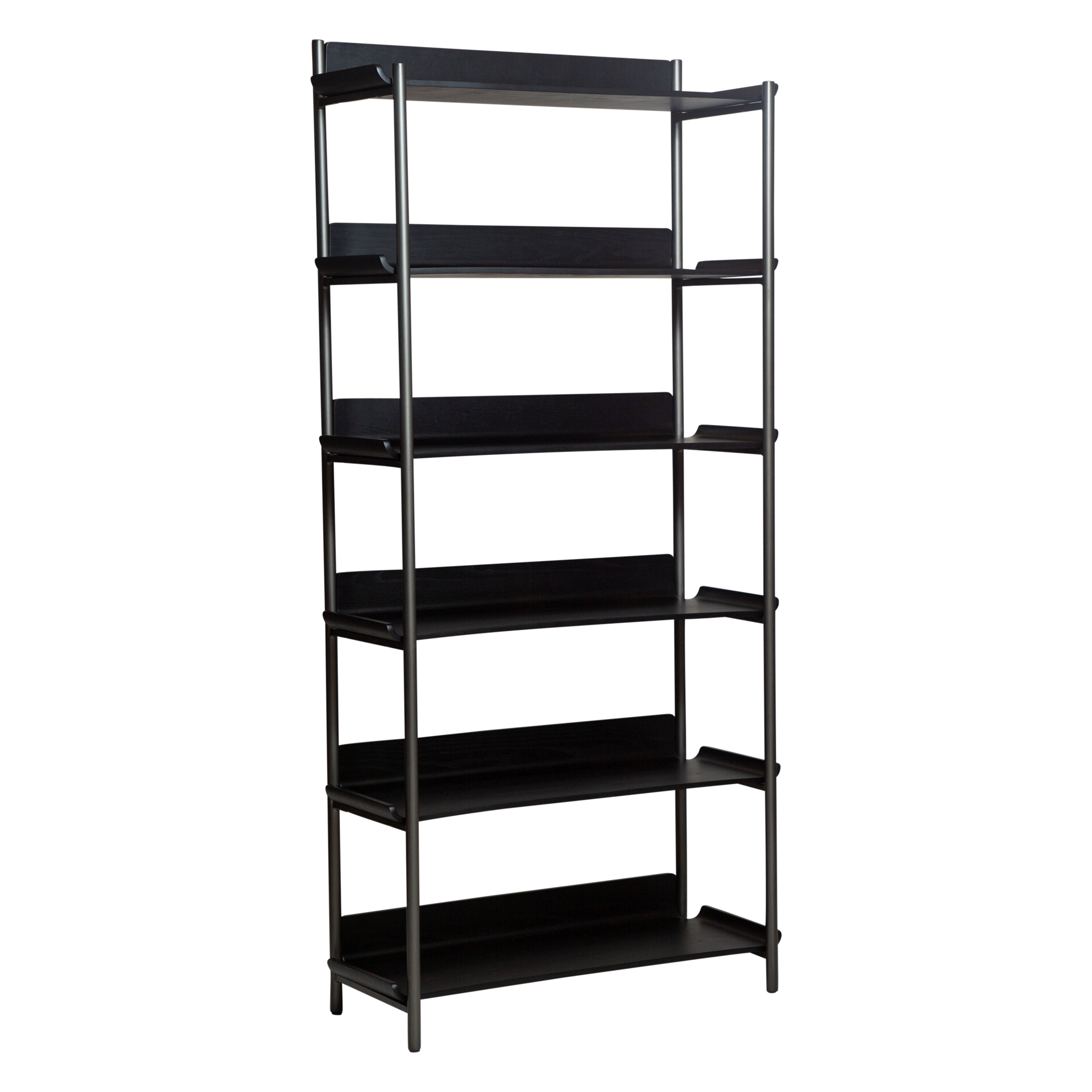 Dan-Form Friyay reol med 6 hylder i sortbejdset ask og stel i antique pewter