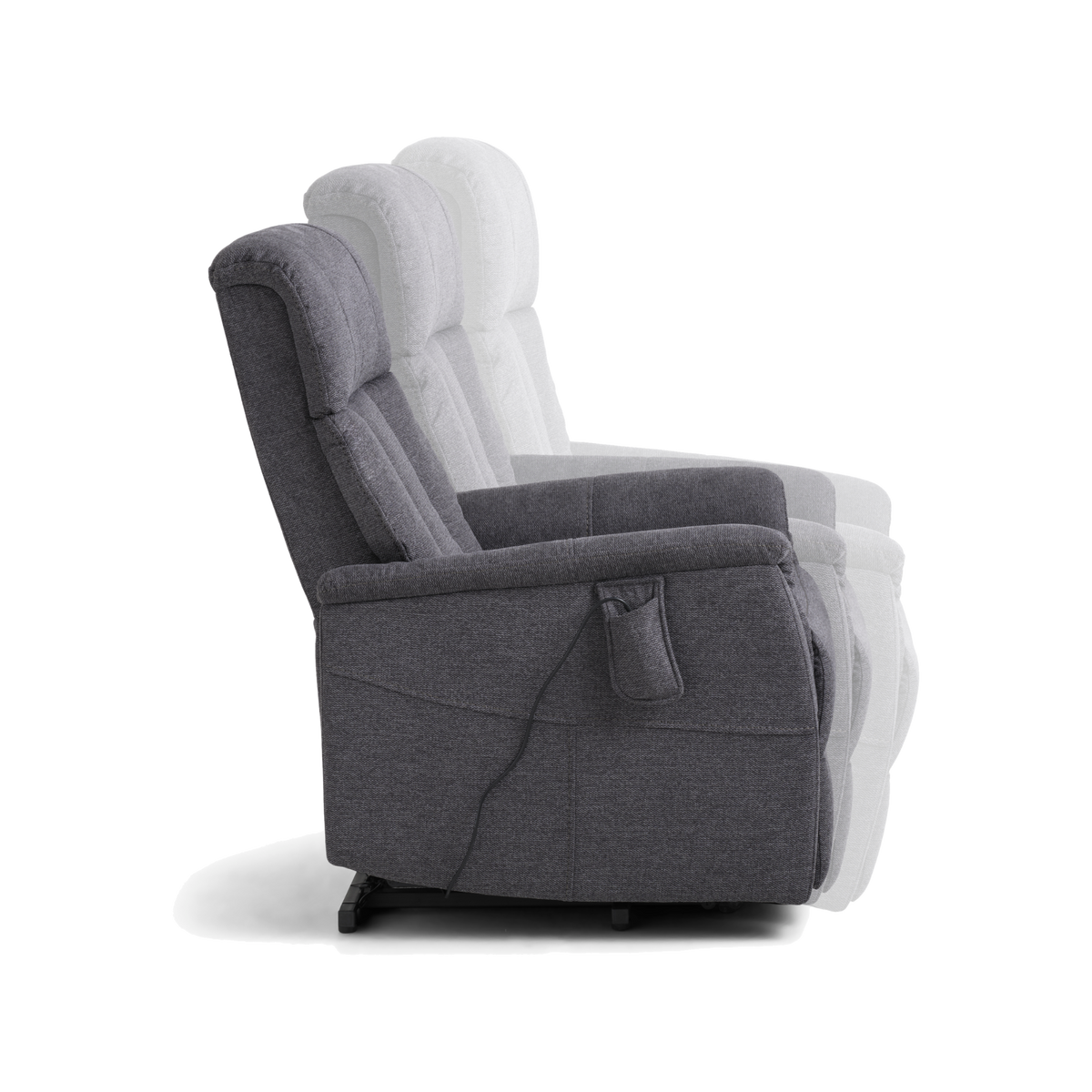 Lexpo Lucas lænestol i Anthracite stof, recliner-funktion set fra siden