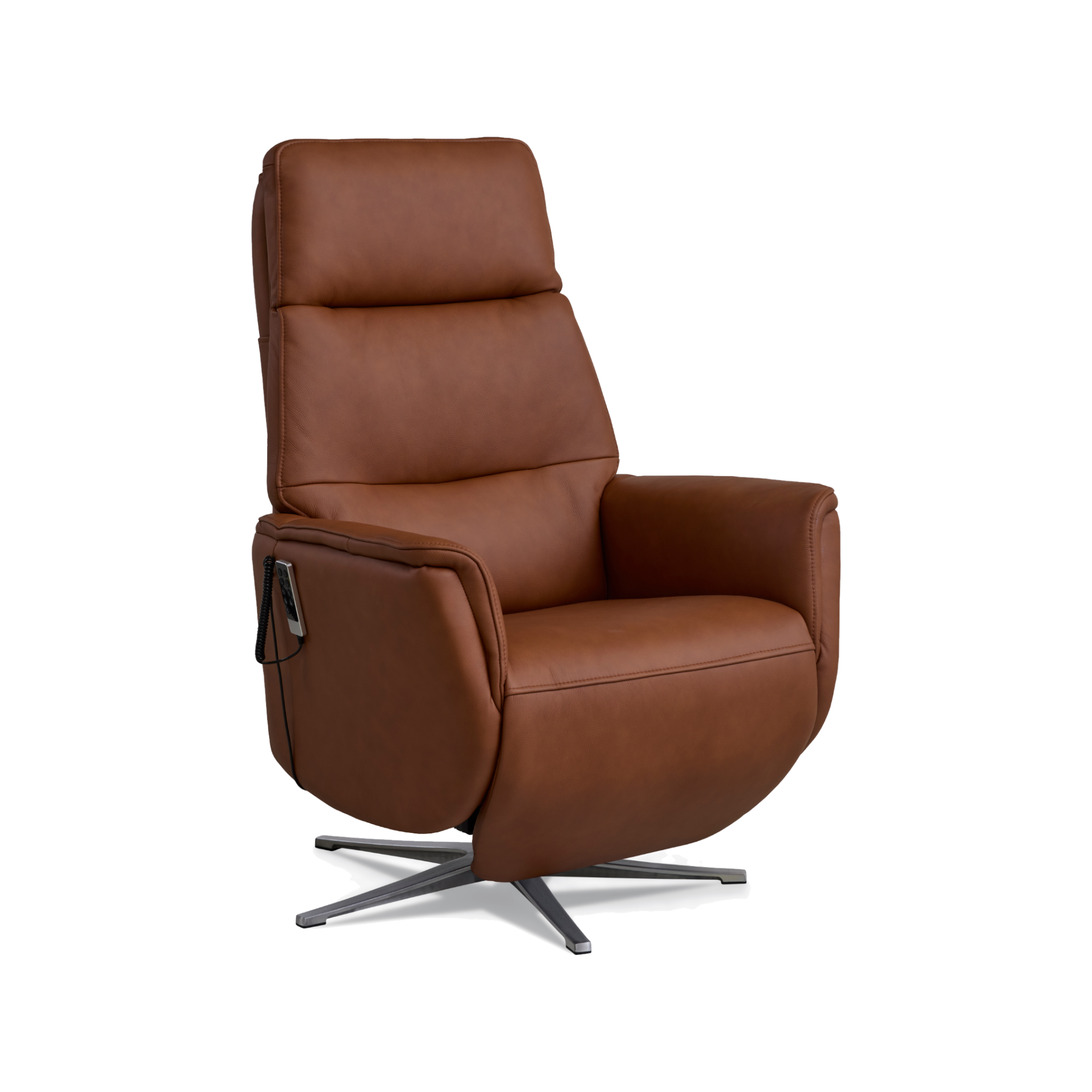 Marvin lænestol med recliner i cognac semianilin læder med børstet aluminiumsfod