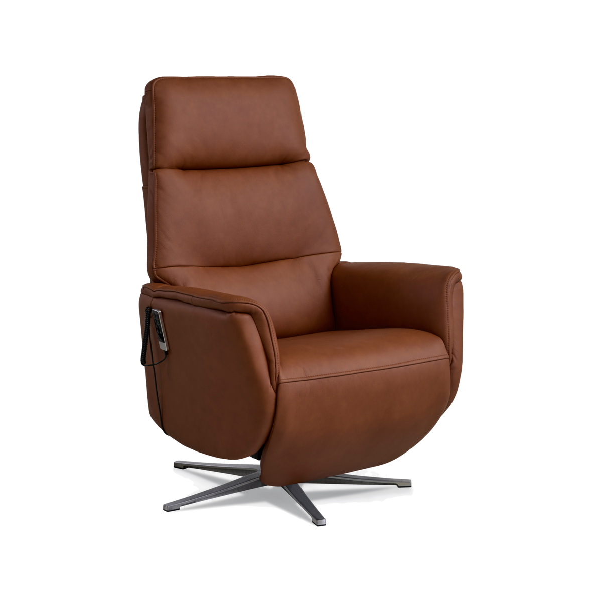 Marvin lænestol med recliner i cognac semianilin læder med børstet aluminiumsfod