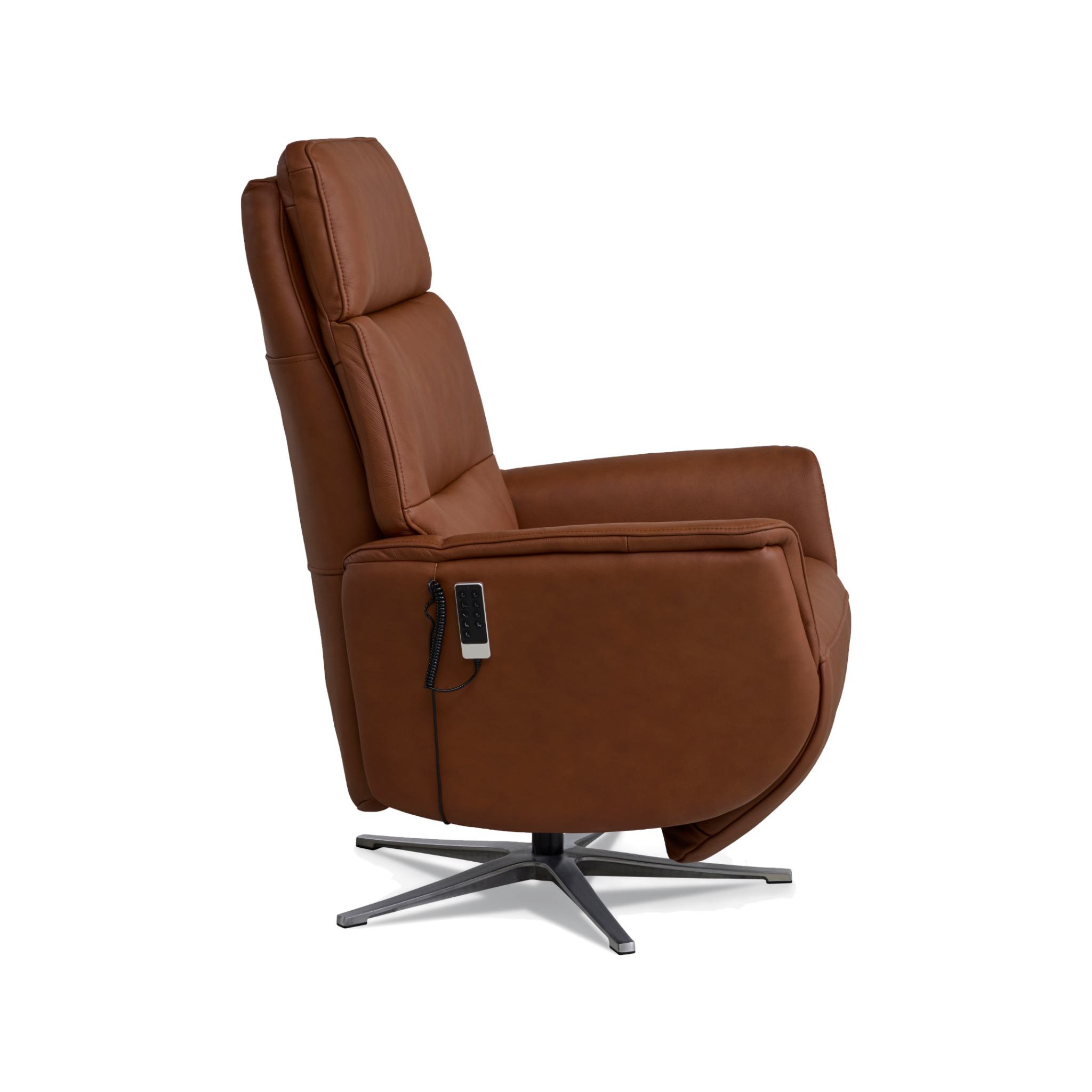 Marvin lænestol med recliner i cognac semianilin læder med børstet aluminiumsfod