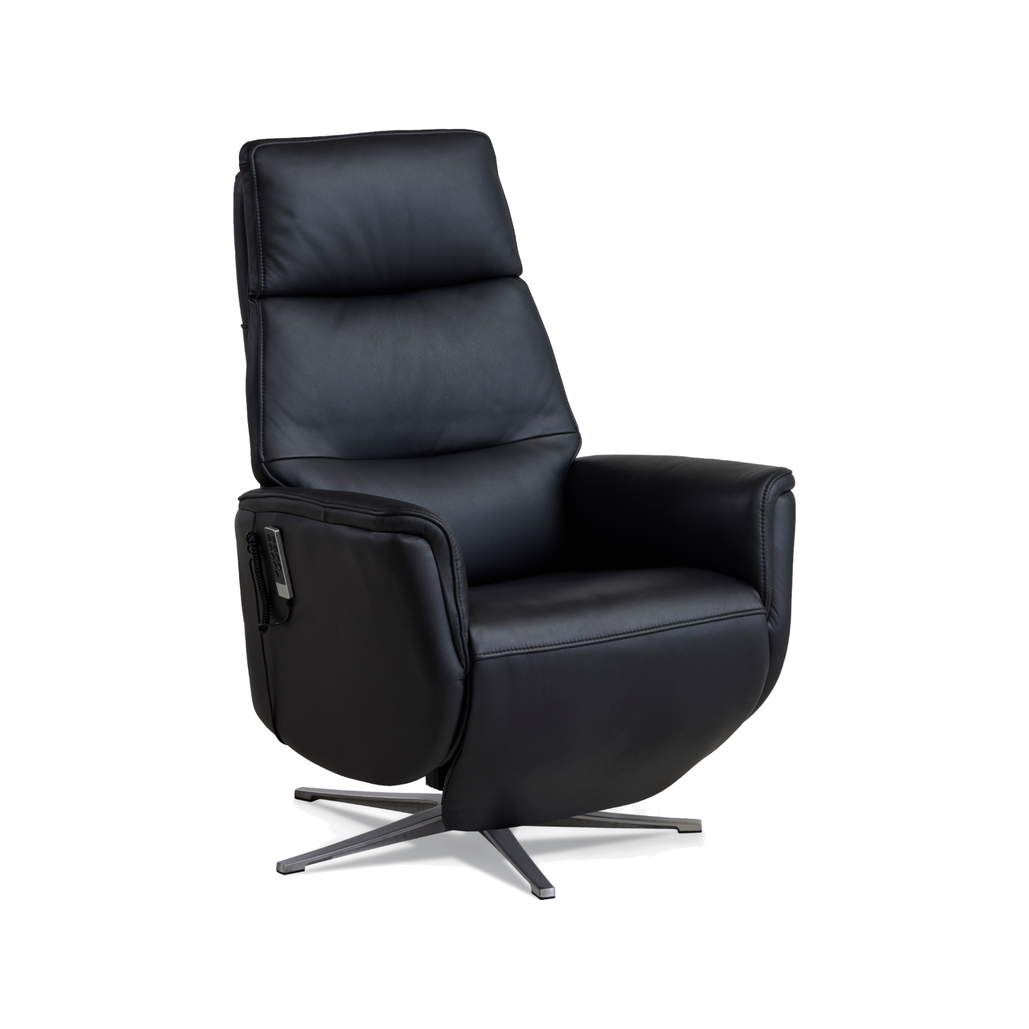 Marvin lænestol med recliner i sort semianilin læder med børstet aluminiumsfod