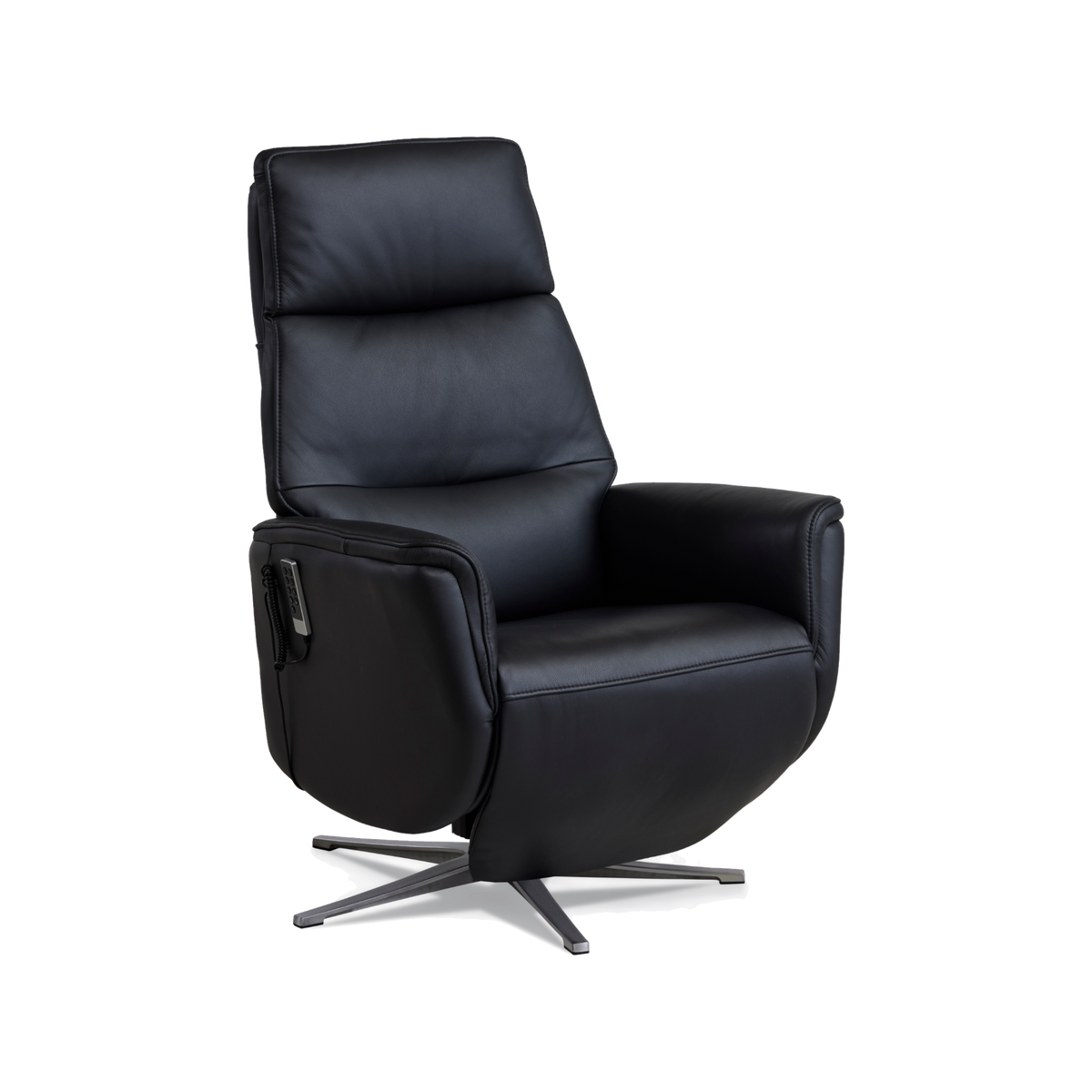Marvin lænestol med recliner i sort semianilin læder med børstet aluminiumsfod