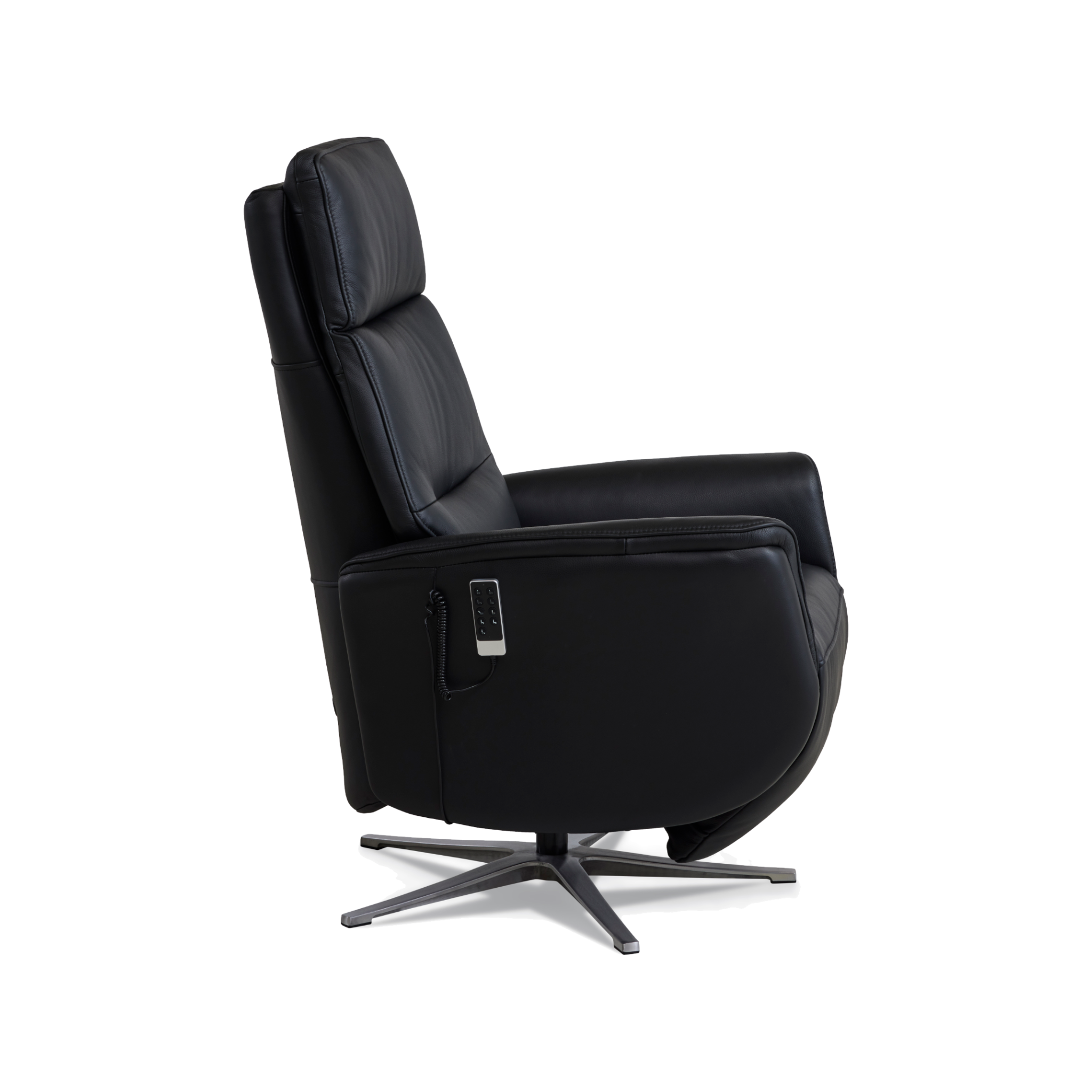 Marvin lænestol med recliner i sort semianilin læder med børstet aluminiumsfod
