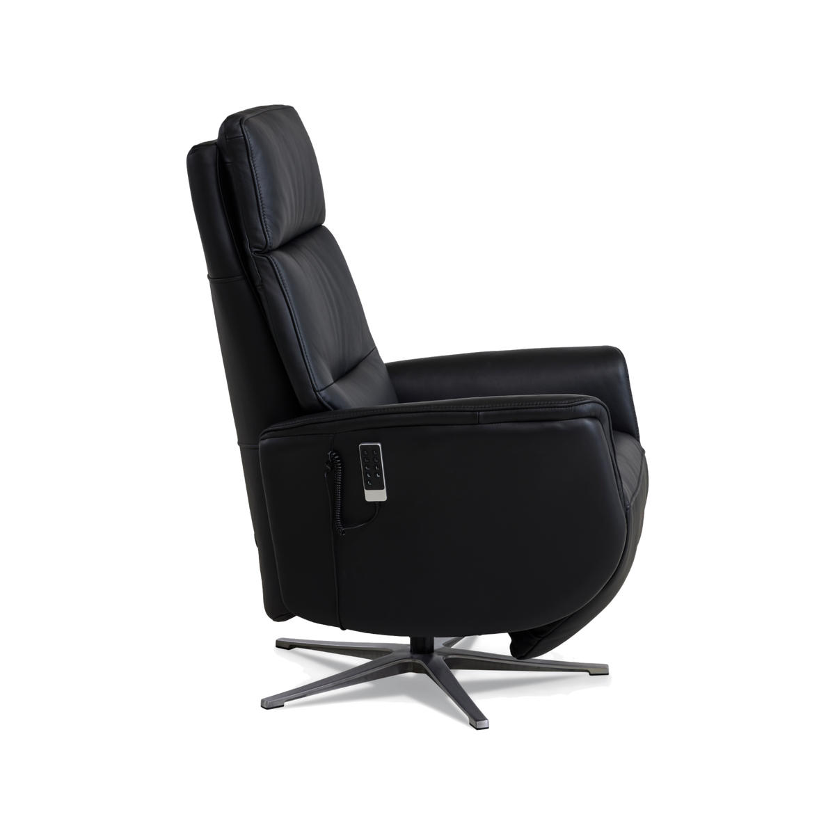 Marvin lænestol med recliner i sort semianilin læder med børstet aluminiumsfod