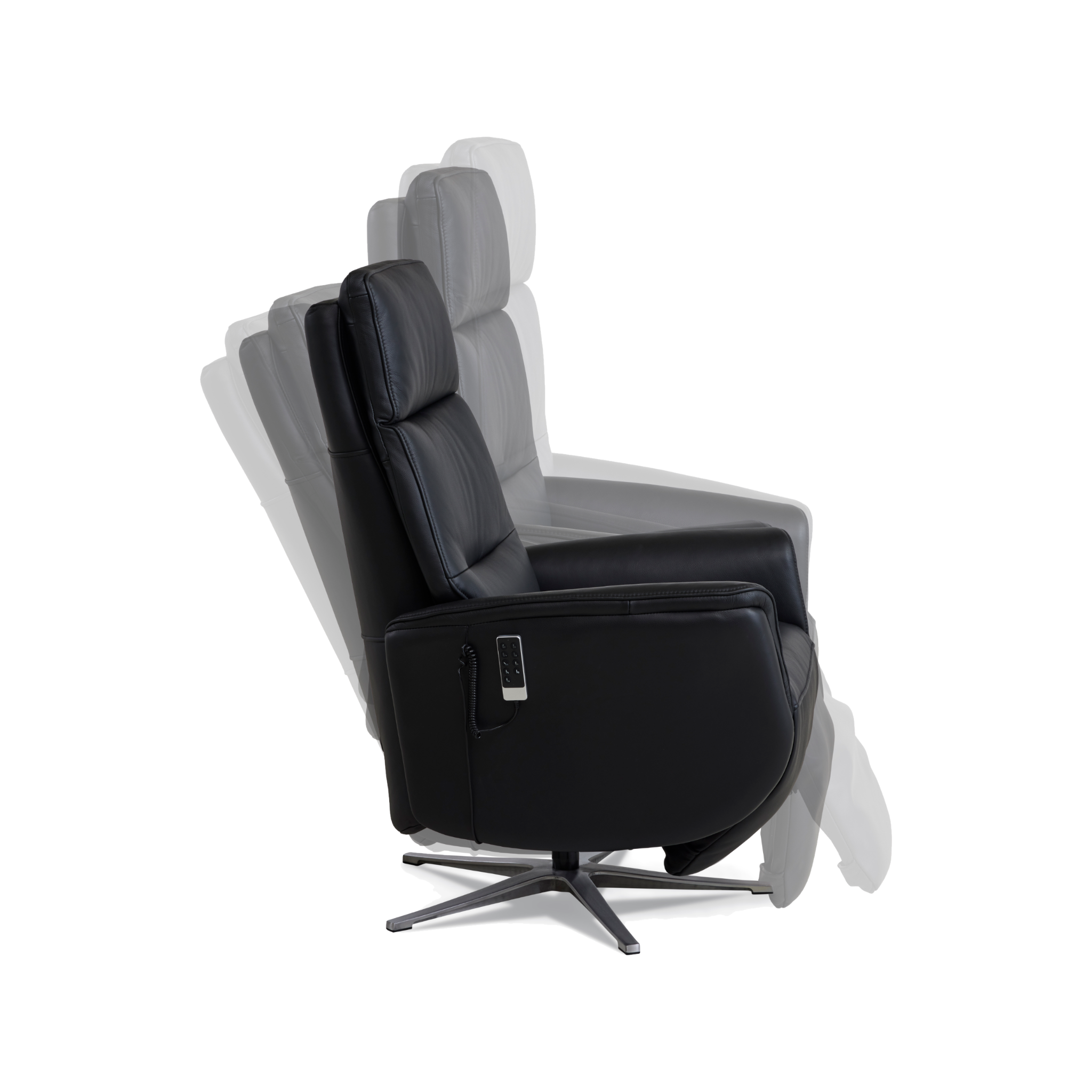 Marvin lænestol med recliner i sort semianilin læder med børstet aluminiumsfod