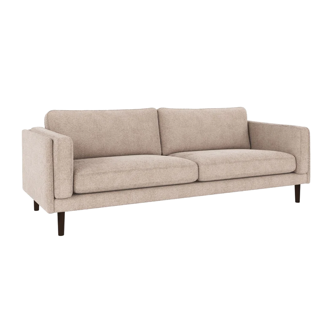 Rowico Braden 3 pers. sofa i lys beige stof og brunlakeret eg