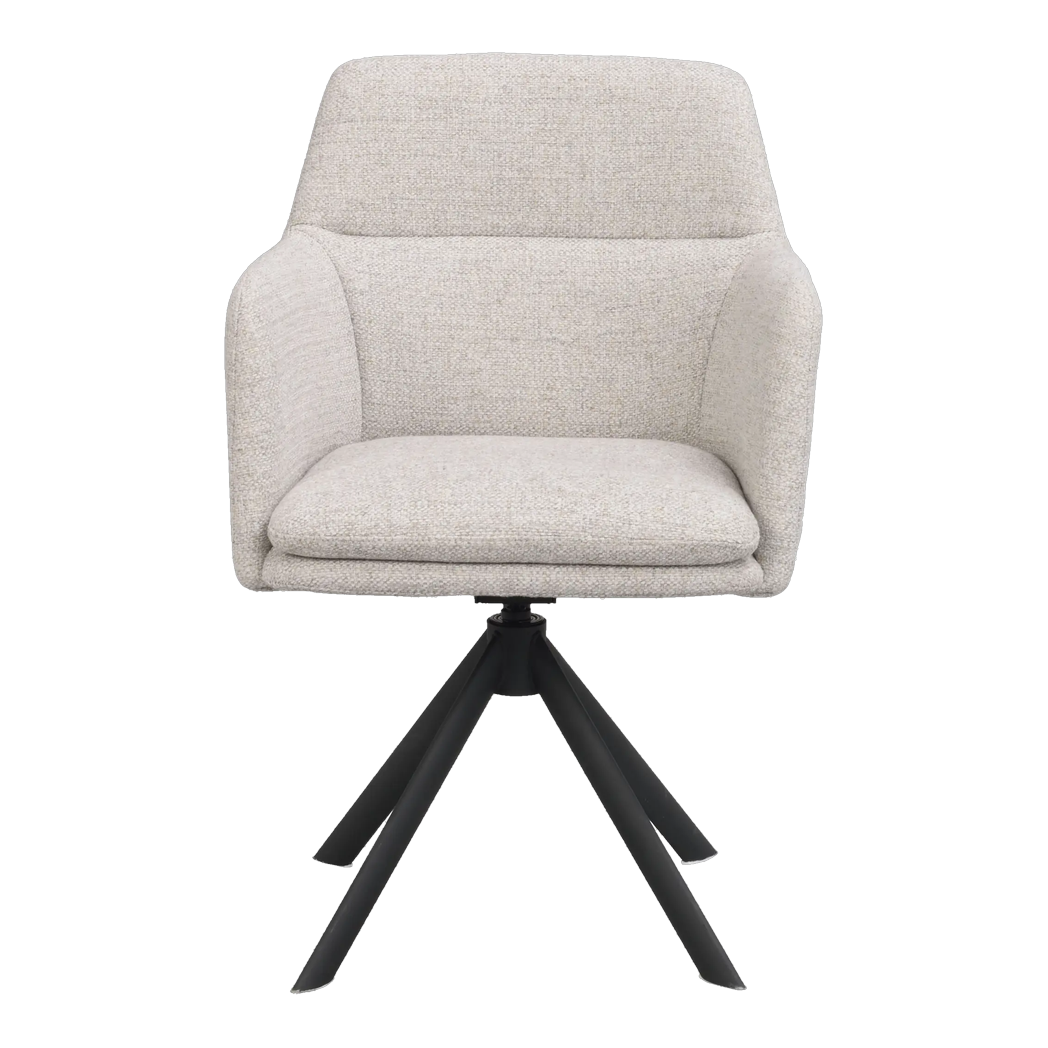 Rowico Gladstone spisebordsstol med armlæn i lys beige stof og sort metalstel, set forfra
