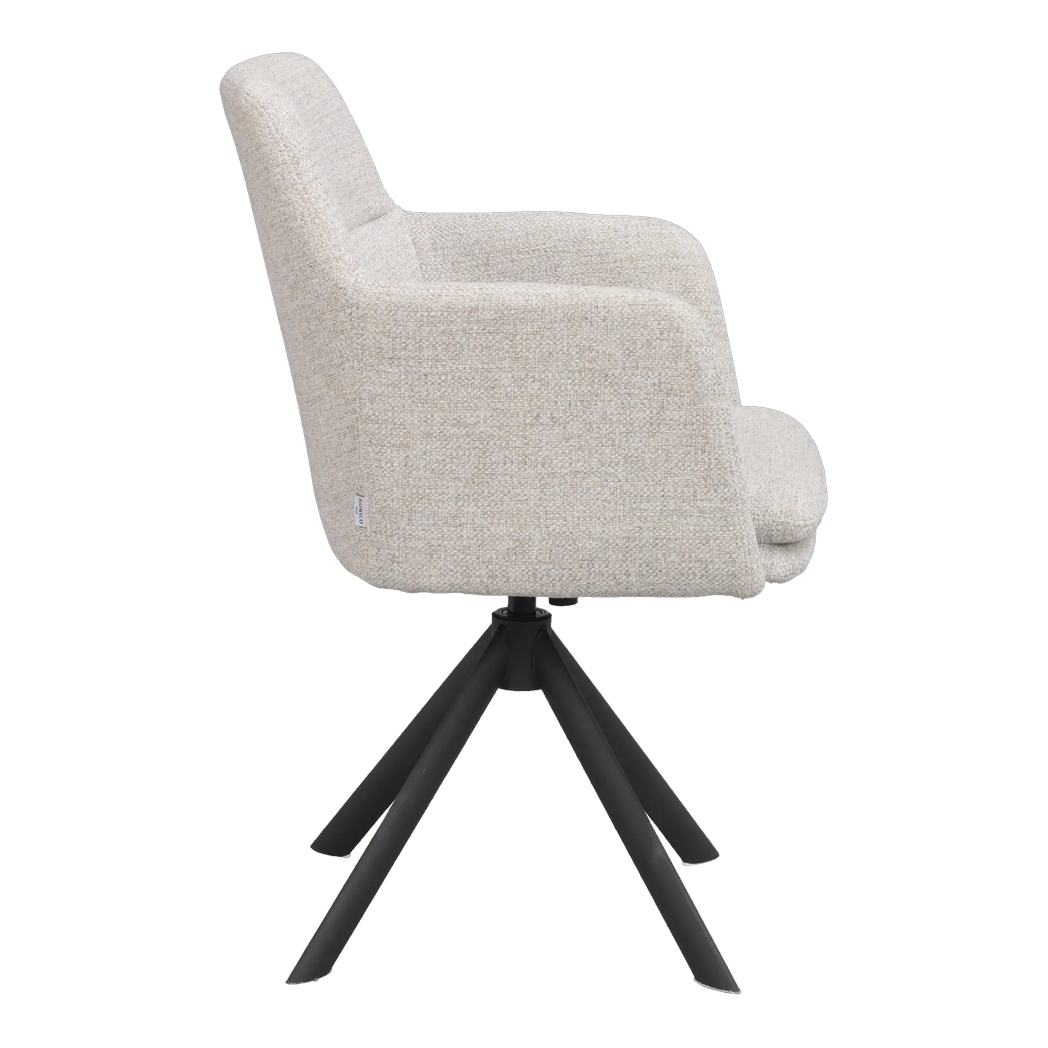 Rowico Gladstone spisebordsstol med armlæn i lys beige stof og sort metalstel, set fra siden