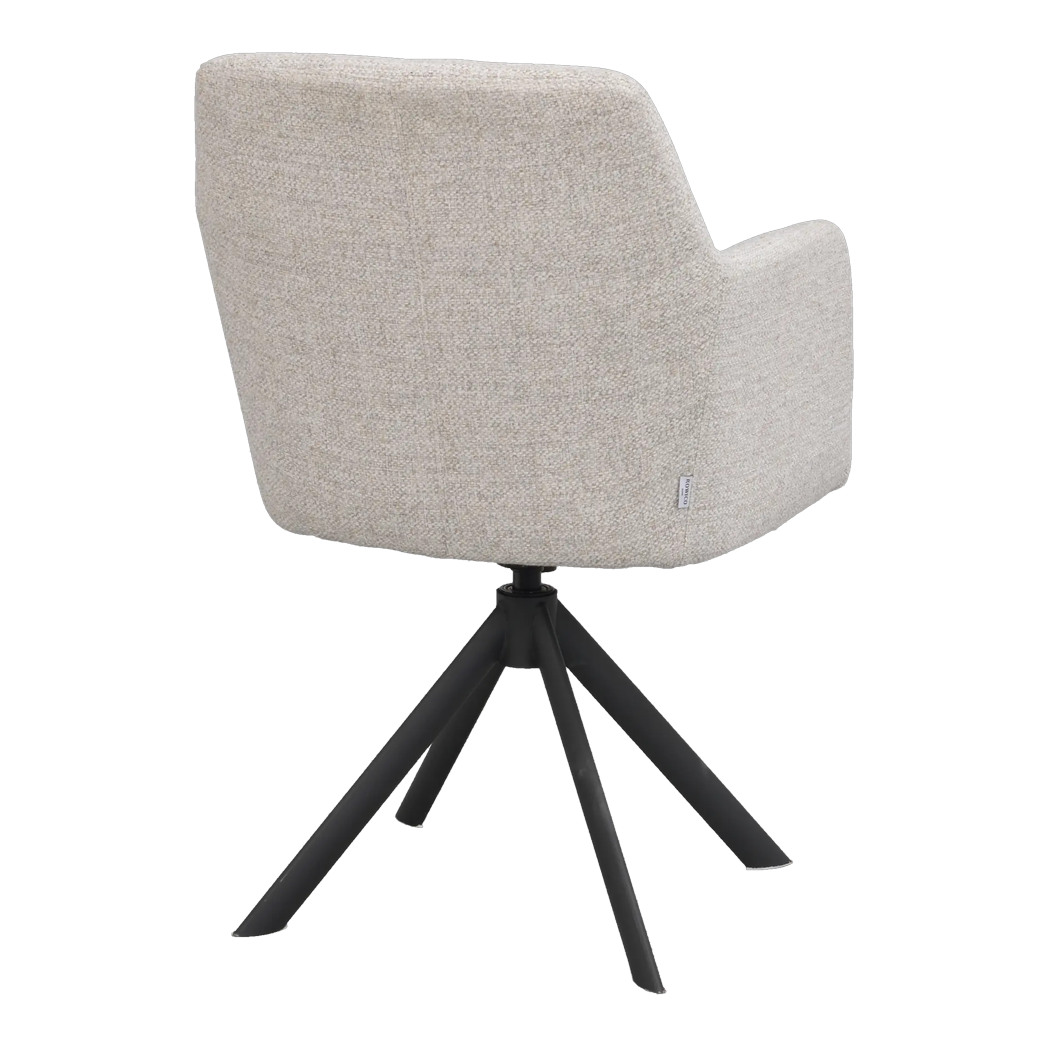 Rowico Gladstone spisebordsstol med armlæn i lys beige stof og sort metalstel, set bagfra