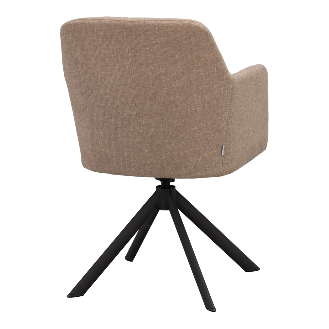 Rowico Gladstone spisebordsstol med armlæn i mellembeige stof og sort metalstel, set bagfra