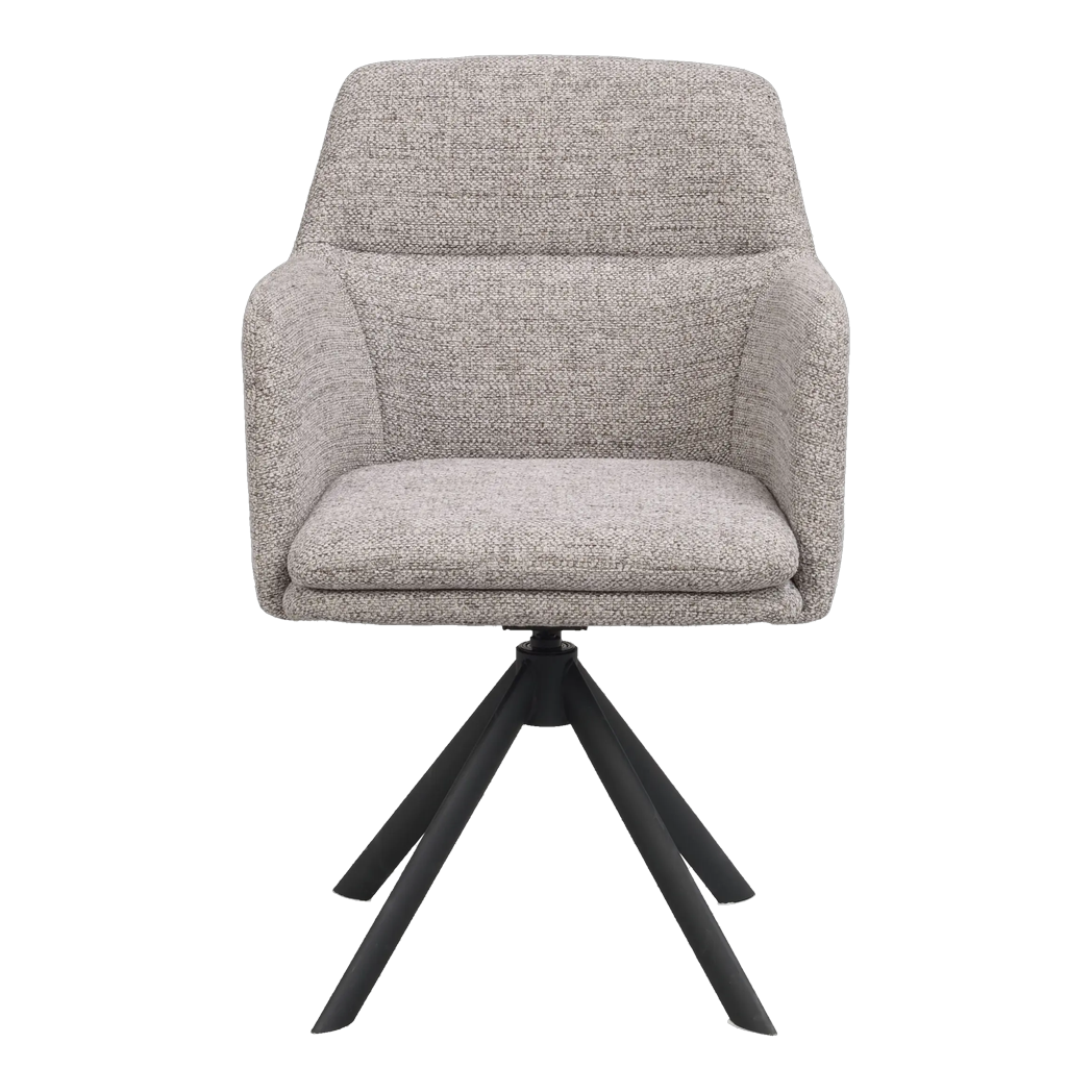 Rowico Gladstone spisebordsstol med armlæn i mørk beige stof og sort metalstel, set forfra