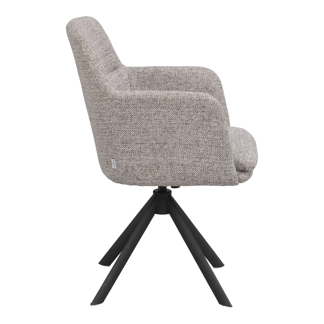 Rowico Gladstone spisebordsstol med armlæn i mørk beige stof og sort metalstel, set fra siden