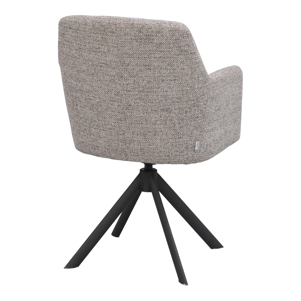 Rowico Gladstone spisebordsstol med armlæn i mørk beige stof og sort metalstel, set bagfra
