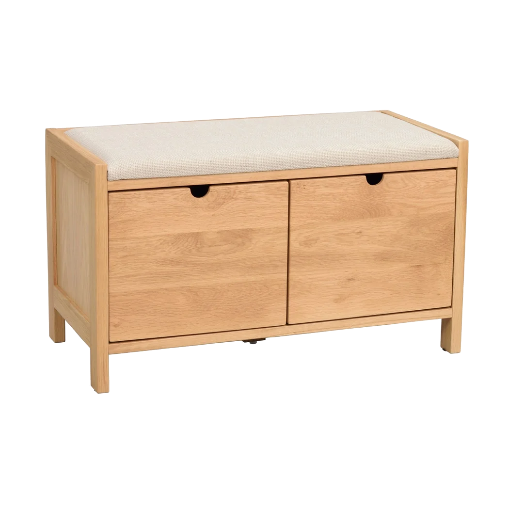 Rowico Hillmond bænk i beige stof og lakeret eg