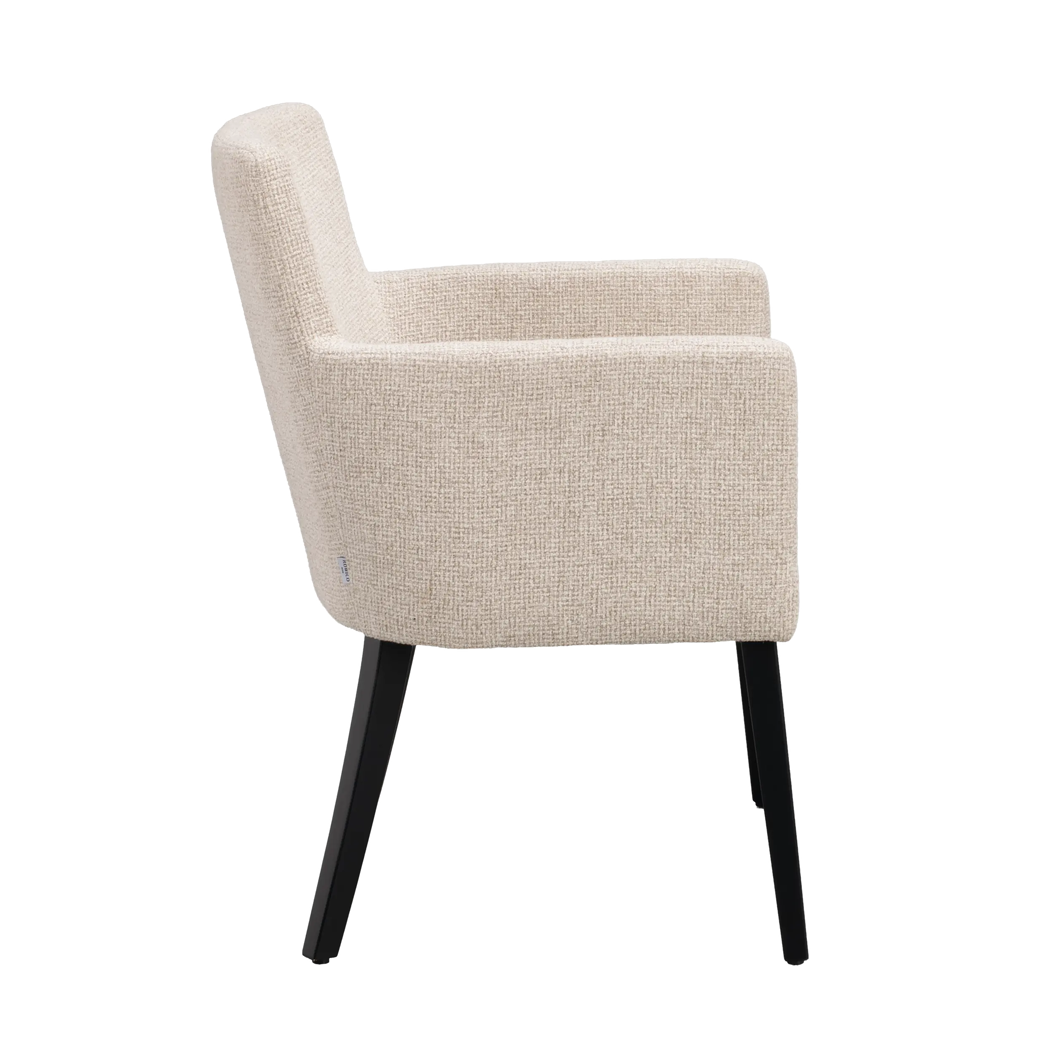 Rowico Hudson spisebordsstol i lys beige og sortbejdset eg, set fra siden