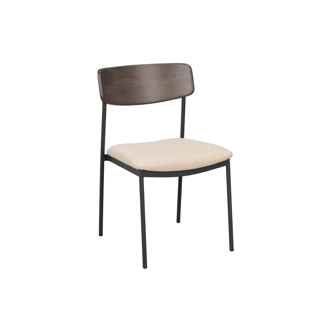 Rowico Maymont spisebordsstol i lys beige stof og brunlakeret eg