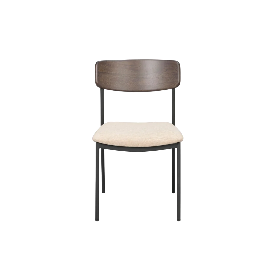 Rowico Maymont spisebordsstol i lys beige stof og brunlakeret eg