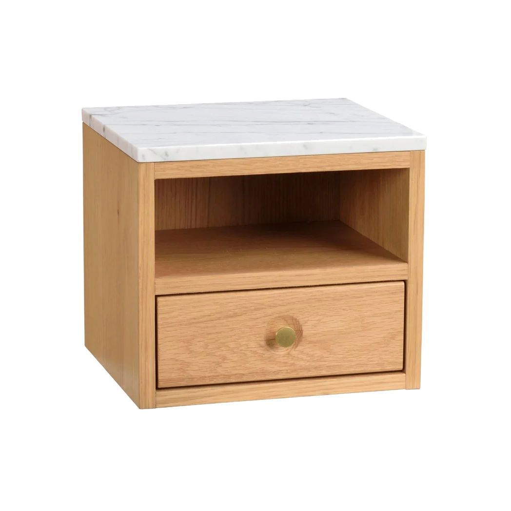 Rowico Whitmore vægskab/sengebord i hvid marmor og lakeret eg