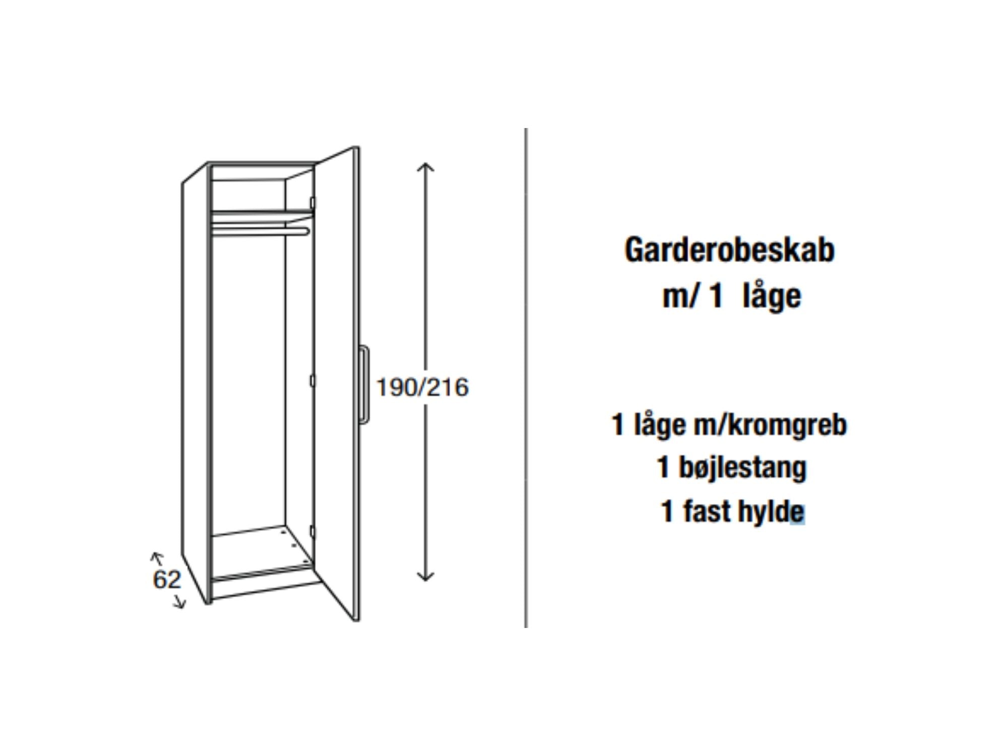 Garderobeskab m. 1 låge