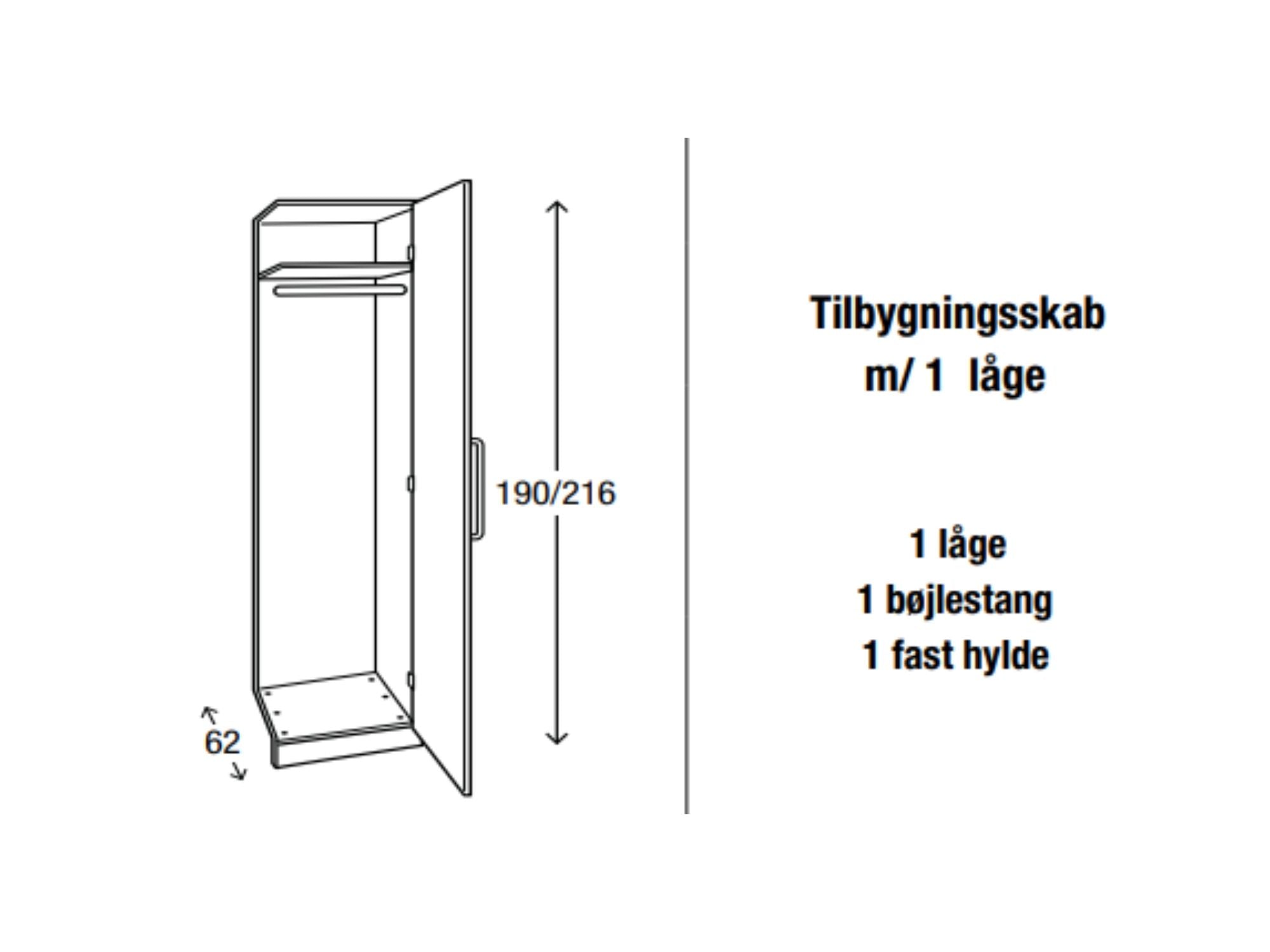 Tilbygningsskab m. 1 låge