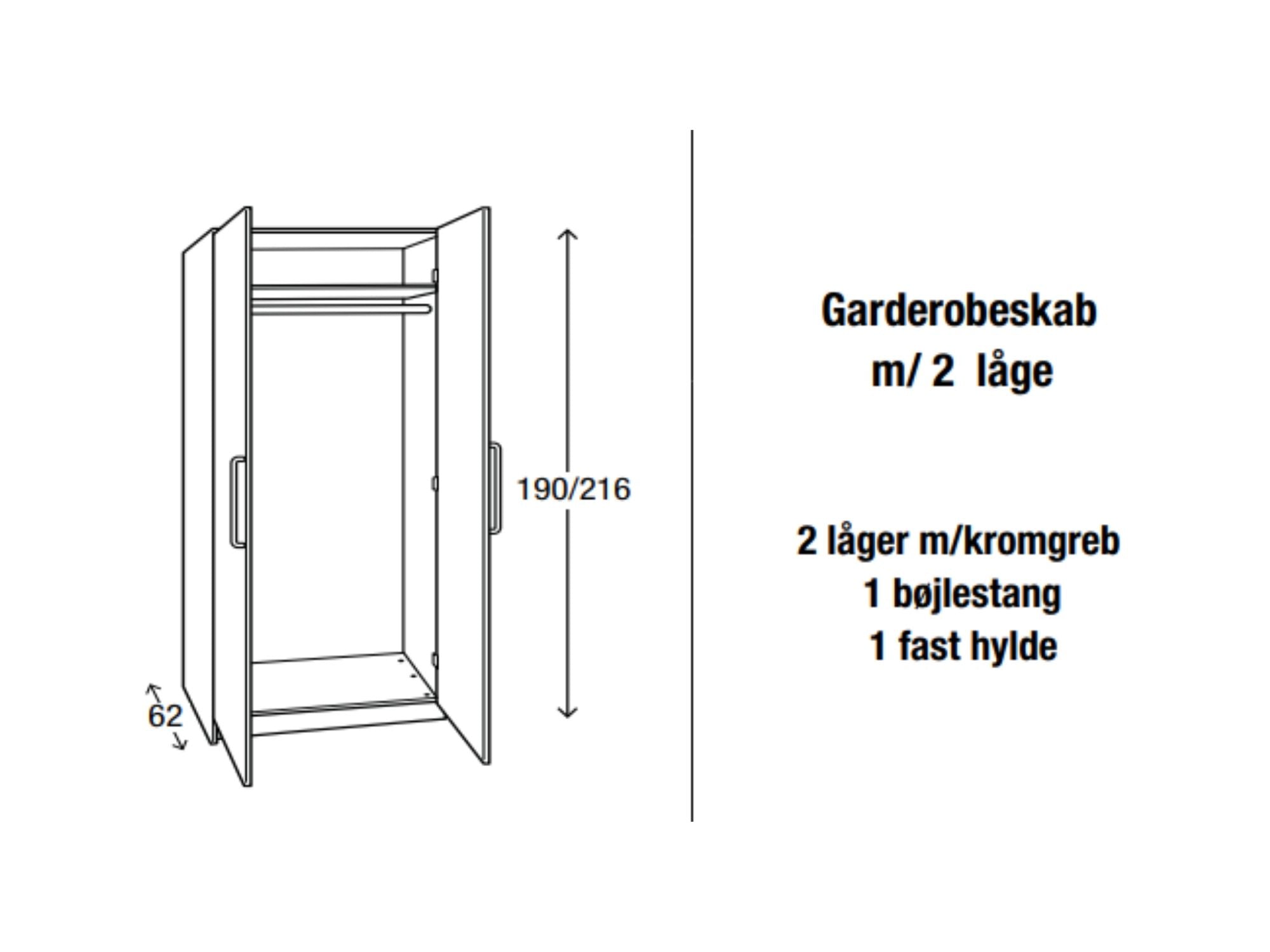 Garderobeskab m. 2 låger
