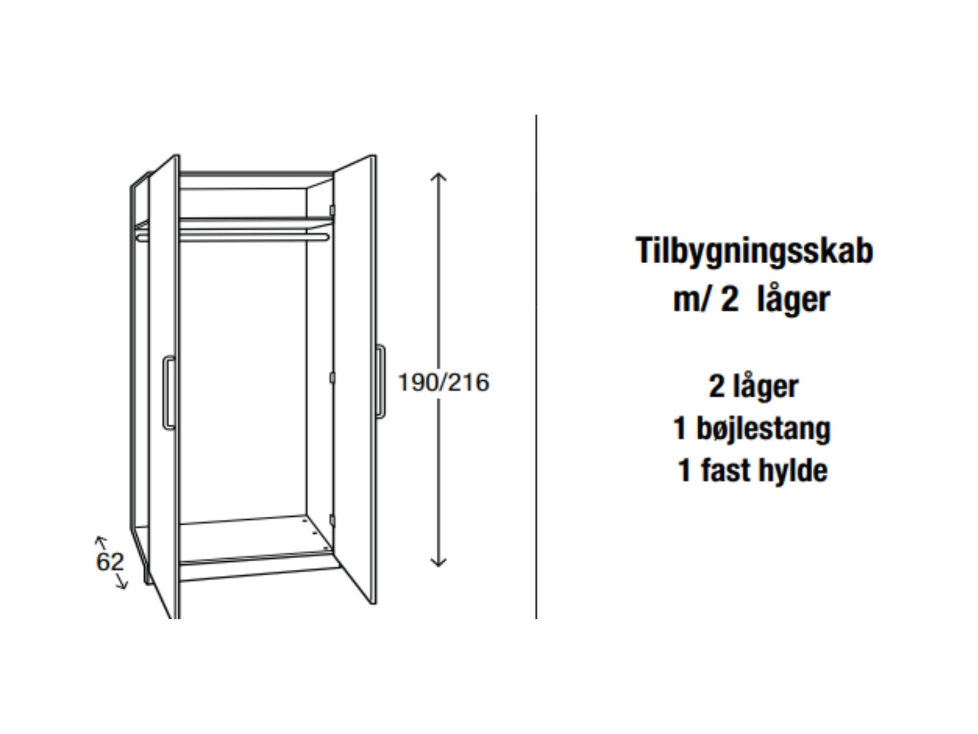 Tilbygningsskab m. 2 låger