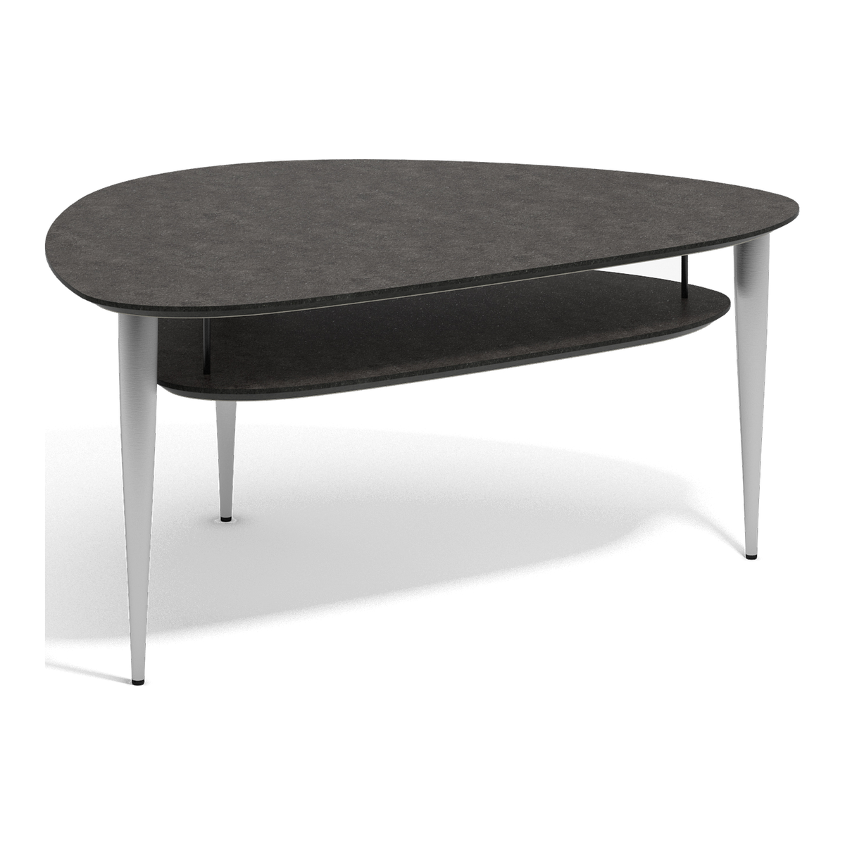 Thomsen Furniture Katrine sofabord med hylde, trekant, mørk stenlook laminat med sort kant og stålben